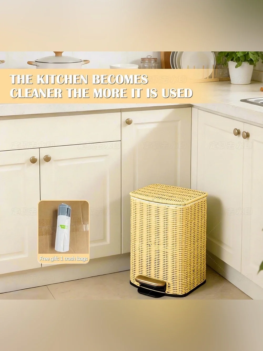 Handwoven Faux Rattan Trash Can Wicker Soft Slow Close Lid, Gold Tone Foot Pedal
